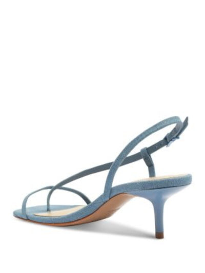SCHUTZ Womens Blue Denim Assemetrical Toe Strap Padded Strappy Heloise Square Toe Kitten Heel Buckle Slingback Sandal 7.5