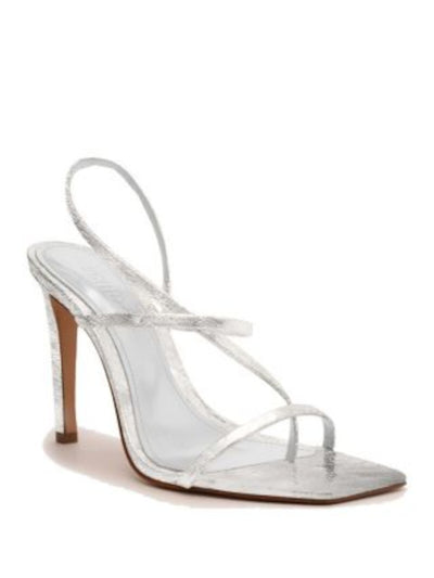 SCHUTZ Womens Silver Toe Loop Padded Goring Strappy Heloise High Square Toe Stiletto Buckle Leather Dress Heeled Sandal 8.5 B