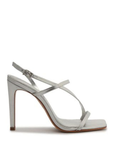 SCHUTZ Womens Silver Toe Loop Padded Goring Strappy Heloise High Square Toe Stiletto Buckle Leather Dress Heeled Sandal 8.5 B