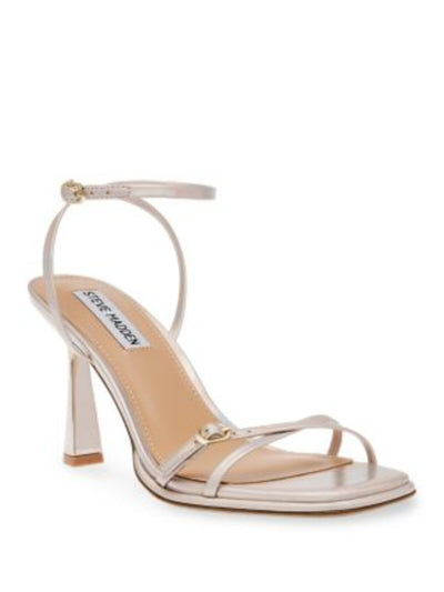 STEVE MADDEN Womens Pink Iridescent Buckle Accent Strappy Ankle Strap Padded Zarya Square Toe Flare Buckle Dress Heeled Sandal 7.5 M