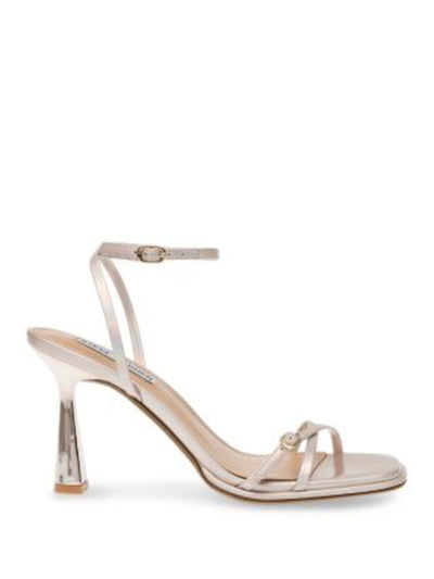 STEVE MADDEN Womens Pink Iridescent Buckle Accent Strappy Ankle Strap Padded Zarya Square Toe Flare Buckle Dress Heeled Sandal 7.5 M
