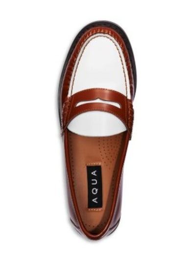 AQUA Womens Brown Color Block Penny Keeper Strap Moc Toe Cushioned Comfort Kendl Round Toe Slip On Leather Dress Loafers Shoes 7 M