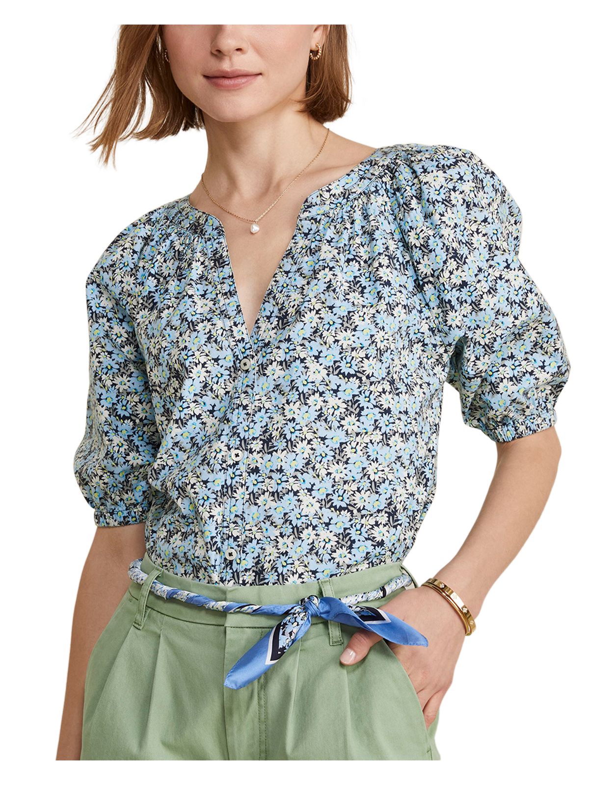 VINEYARD VINES Womens Blue Gathered Button Front Elastic Cuffs Floral Pouf Sleeve Split Top XXS