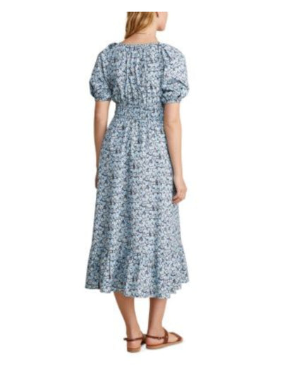 VINEYARD VINES Womens Blue Pocketed Gathered Tiered Skirt Floral Pouf Sleeve V Neck Midi Fit + Flare Dress S