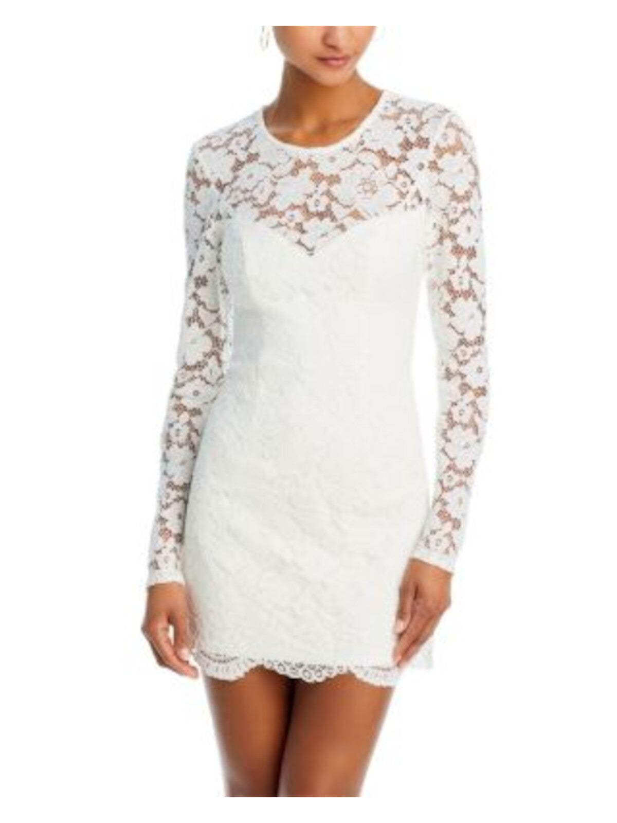 BARDOT Womens White Zippered Lined Scalloped Sheer Front And Back Y Long Sleeve Round Neck Mini Evening Sheath Dress 2
