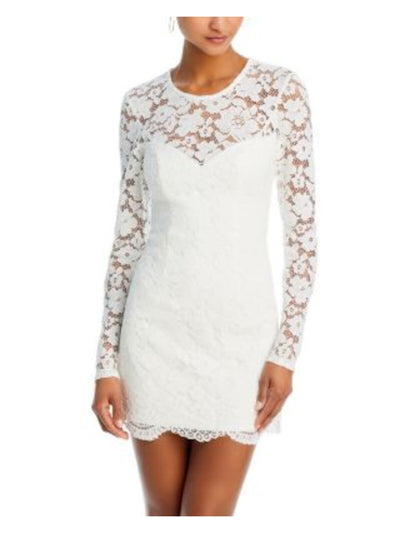 BARDOT Womens White Zippered Lined Scalloped Sheer Front And Back Y Long Sleeve Round Neck Mini Evening Sheath Dress 2