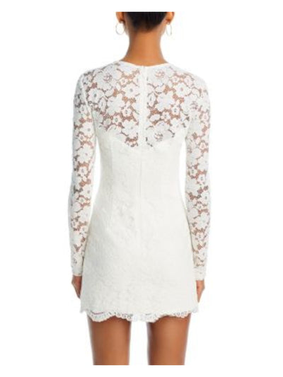 BARDOT Womens White Zippered Lined Scalloped Sheer Front And Back Y Long Sleeve Round Neck Mini Evening Sheath Dress 2