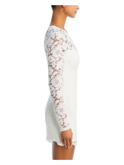 BARDOT Womens White Zippered Lined Scalloped Sheer Front And Back Y Long Sleeve Round Neck Mini Evening Sheath Dress 2