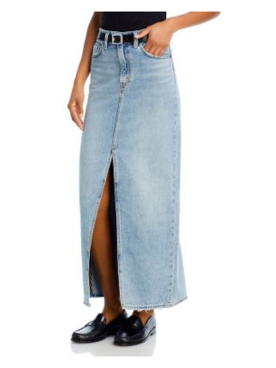 LEVI'S Womens Blue Zippered Pocketed Front Slit Frayed Hem Maxi Paneled Skirt 25