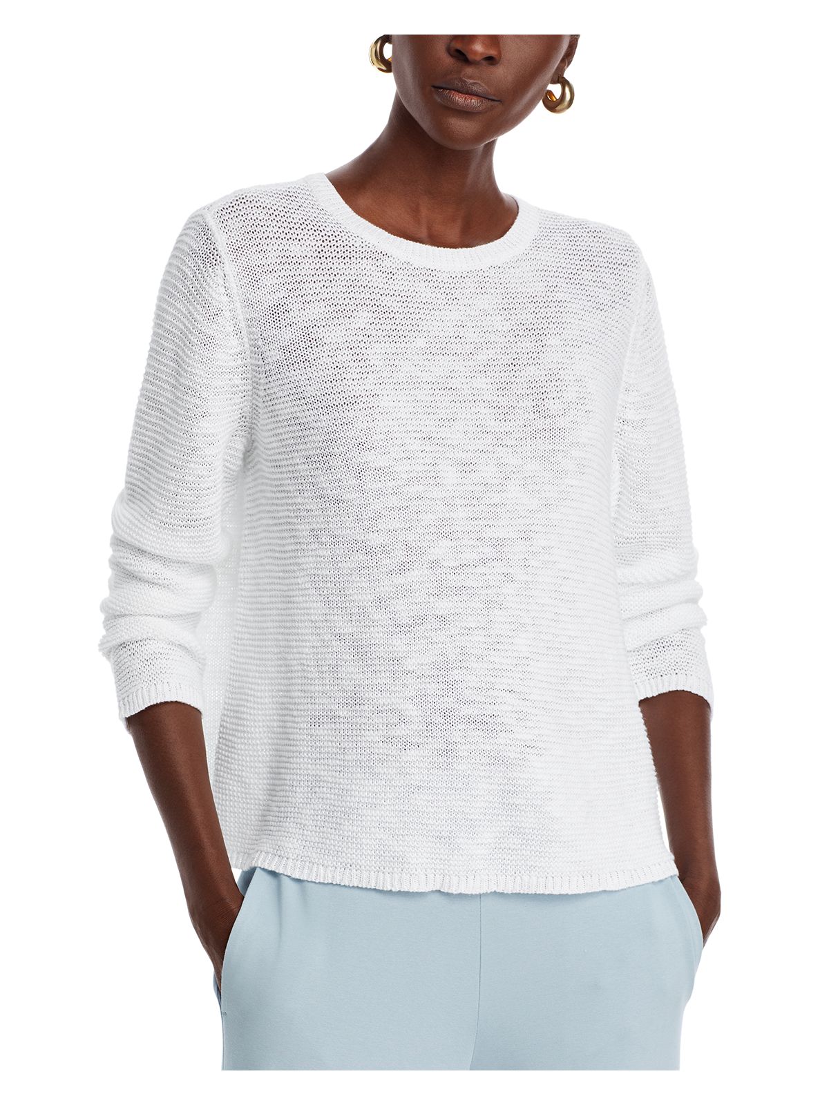 EILEEN FISHER Womens Ivory Long Sleeve Crew Neck Top Petites PM