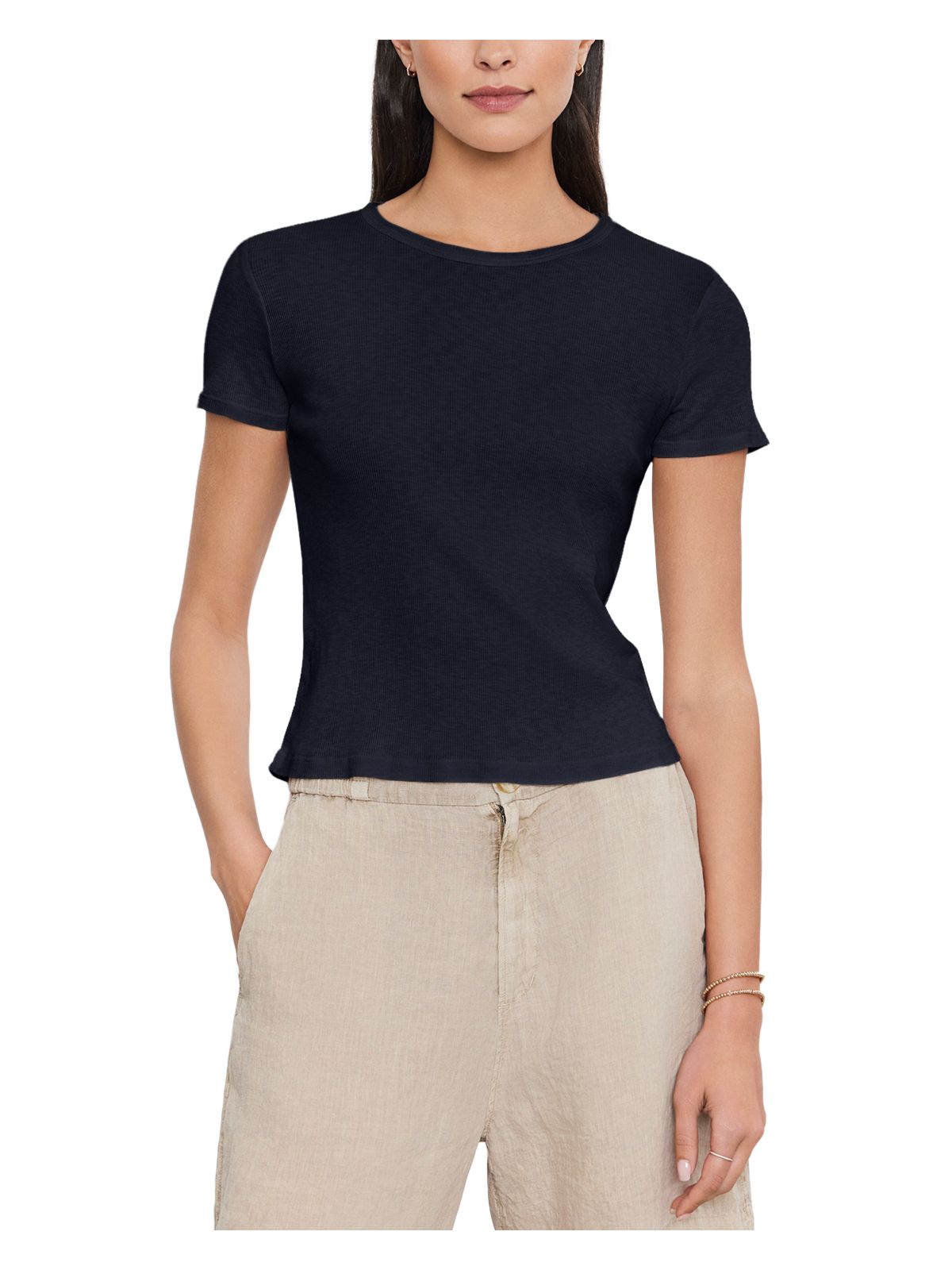 VELVET BY GRAHAM & SPENCER Womens Navy Ribbed Short Length Pullover Short Sleeve Crew Neck T-Shirt S