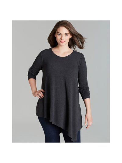 THREE DOTS Womens Gray Stretch 3/4 Sleeve Scoop Neck Top Plus 1X