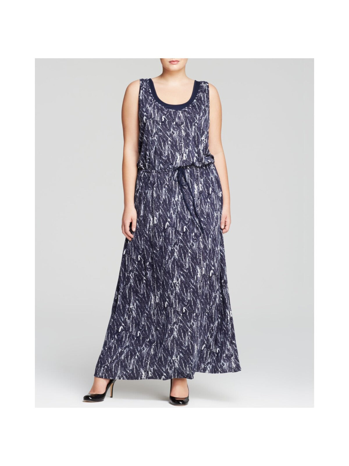 THREE DOTS Womens Navy Stretch Tie Lined Drawstring Printed Sleeveless Scoop Neck Maxi Dress Plus 1X