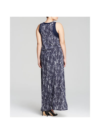 THREE DOTS Womens Navy Stretch Tie Lined Drawstring Printed Sleeveless Scoop Neck Maxi Dress Plus 1X