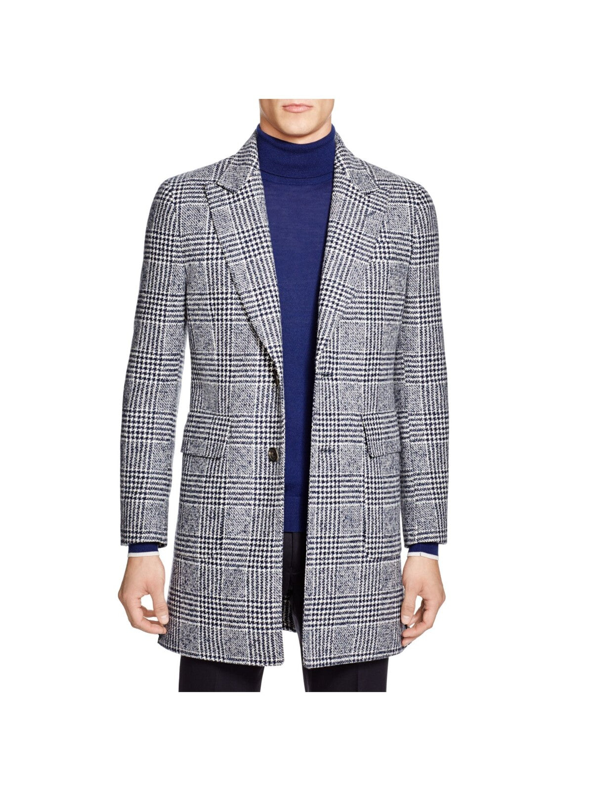 HARDY AMIES Mens Navy Single Breasted, Houndstooth Top Coat 42R