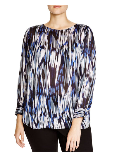 VINCE CAMUTO Womens Black Zippered Button Cuffs Printed 3/4 Sleeve Jewel Neck Wear To Work Top Plus 2X
