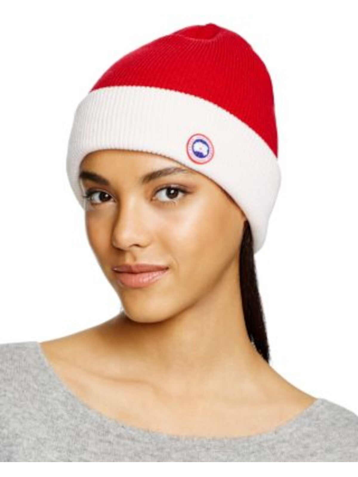 CANADA GOOSE Womens Red Color Block Wool Fitted Winter Beanie Hat Cap