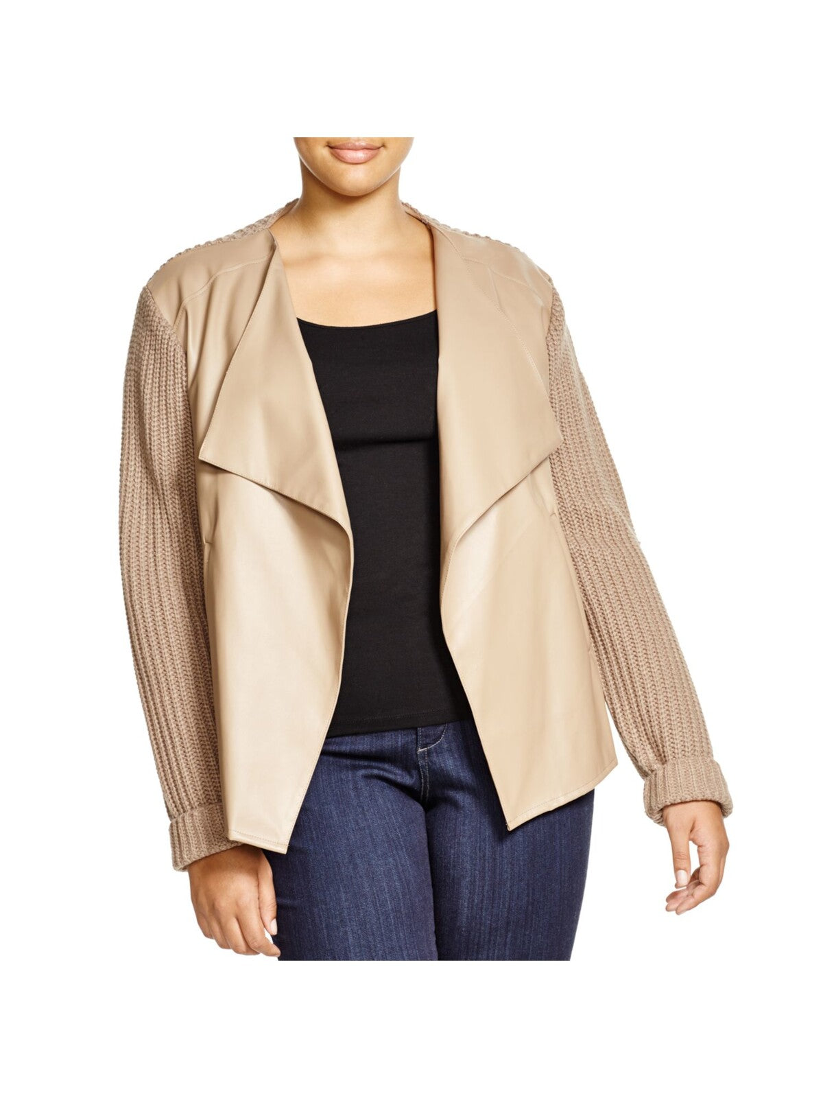 BB DAKOTA Womens Beige Faux Leather Pocketed Rib Knit Long Sleeve Zip Up Jacket Plus 1X