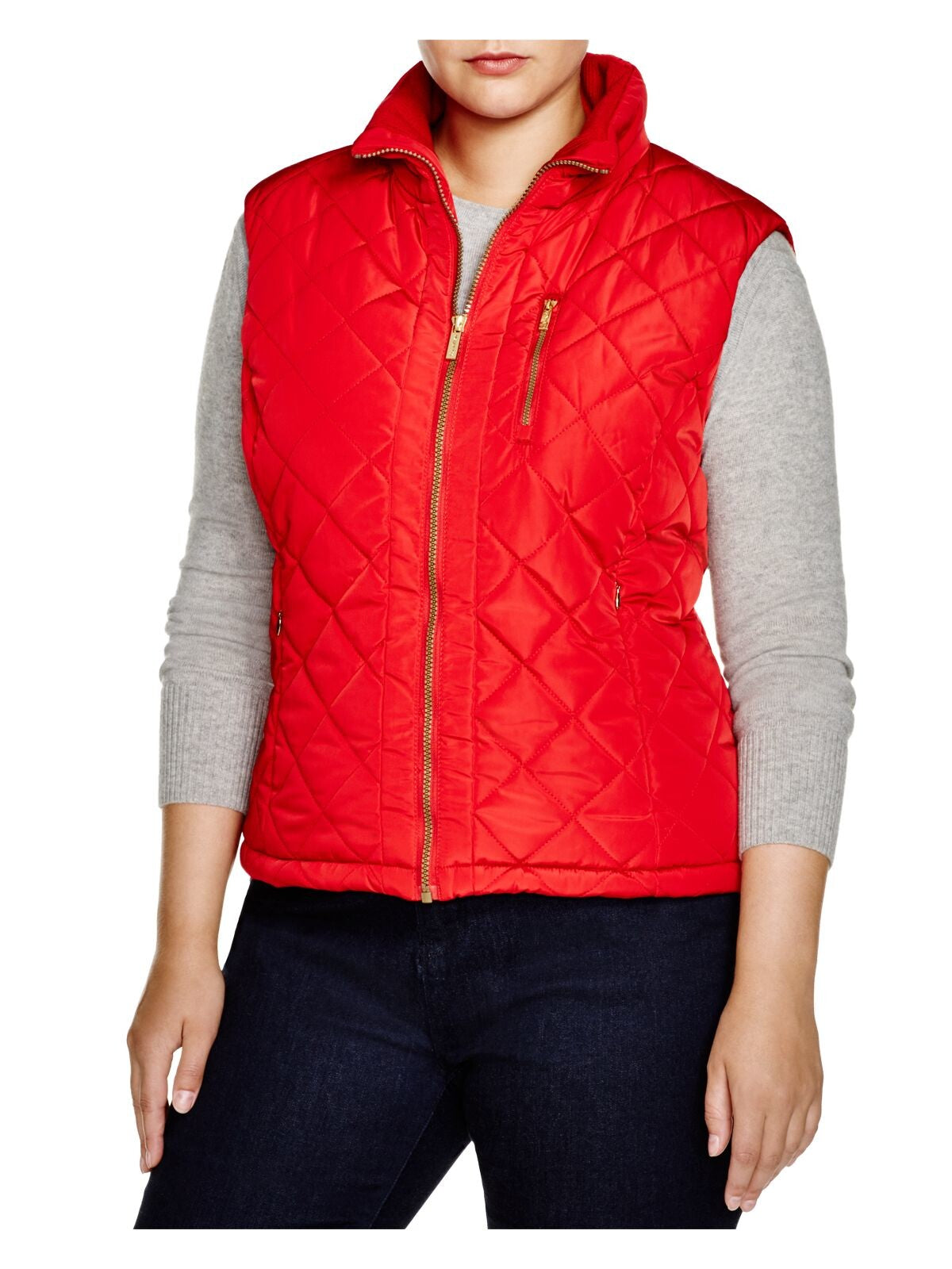 CALVIN KLEIN Womens Red Ribbed Pocketed Quilted Zip Up Sleeveless Mock Neck Vest Top Plus 2X