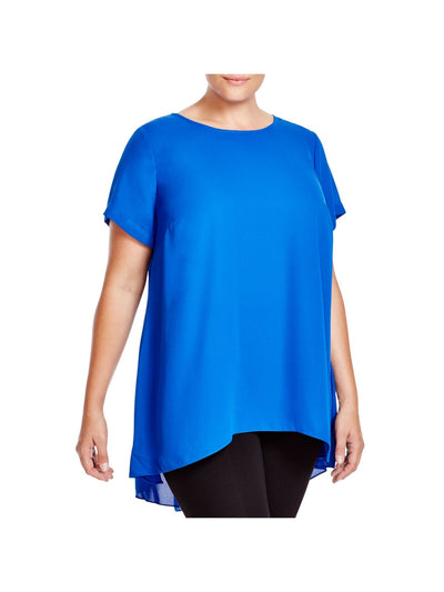 VINCE CAMUTO Womens Blue Darted Semi-sheer Blouse Short Sleeve Round Neck Hi-Lo Top Plus 1X