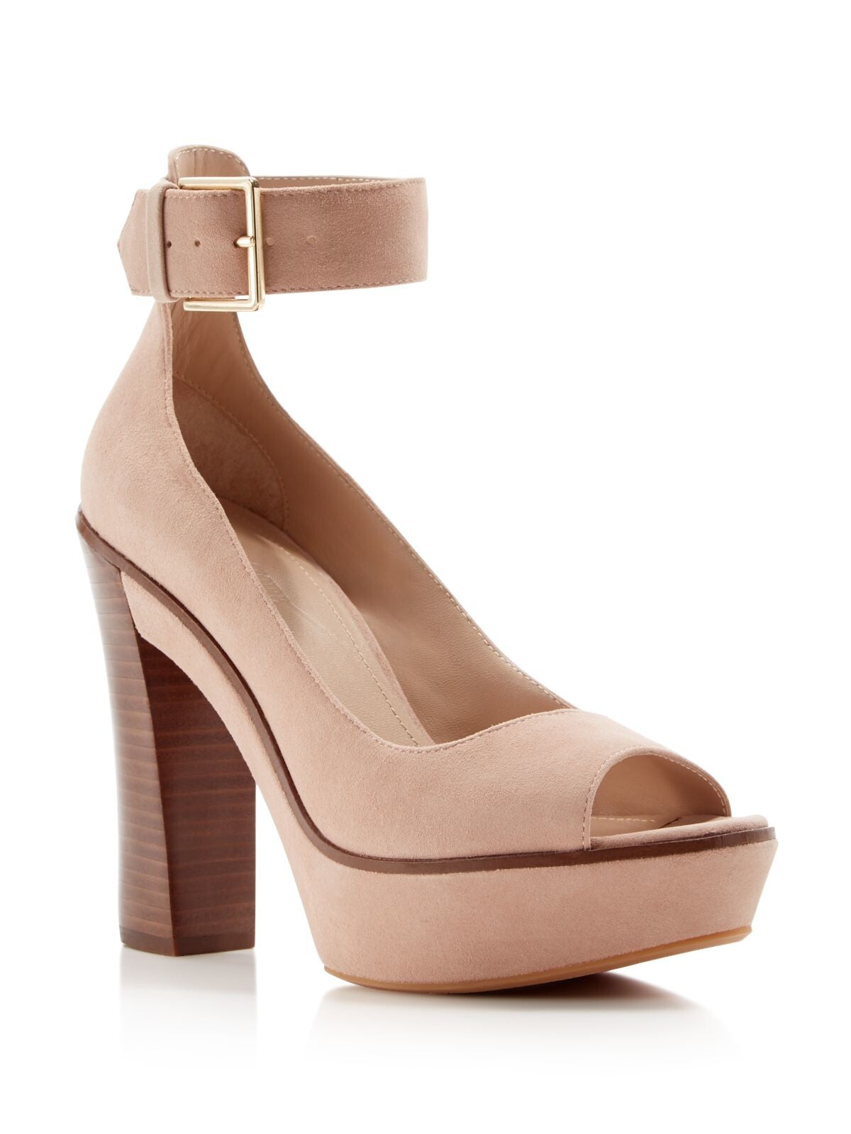 POUR LA VICTOIRE Womens Nude Beige 1" Platform Padded Ankle Strap Goring Luxe Open Toe Stacked Heel Buckle Leather Dress Pumps Shoes 7.5 M