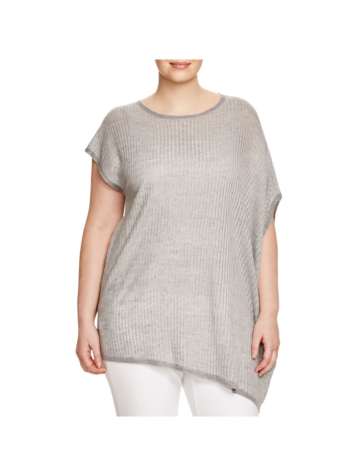 EILEEN FISHER Womens Gray Ribbed Asymmetric Short Sleeve Round Neck Tunic Sweater Plus 2X