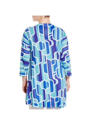 NALLY & MILLIE Womens Blue Stretch Printed 3/4 Sleeve Wear To Work Tunic Top Plus 1X