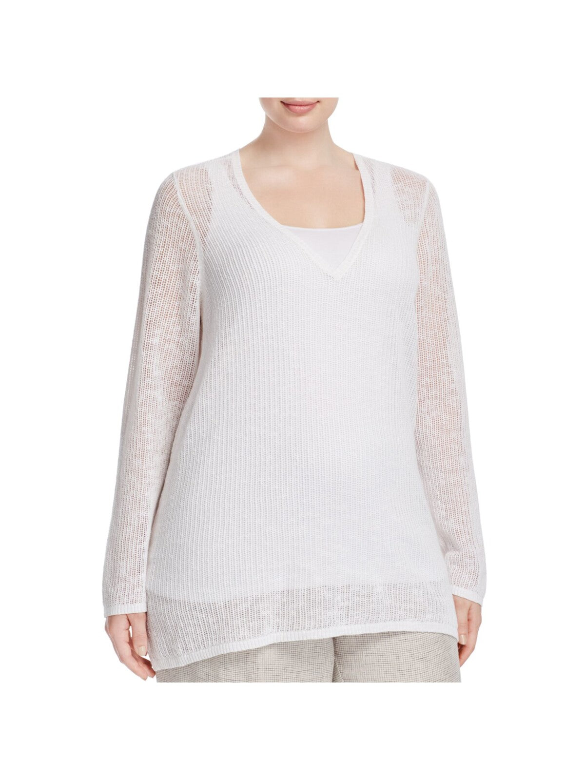 EILEEN FISHER Womens White Stretch Sheer Slitted Long Sleeve V Neck Sweater Plus 1X