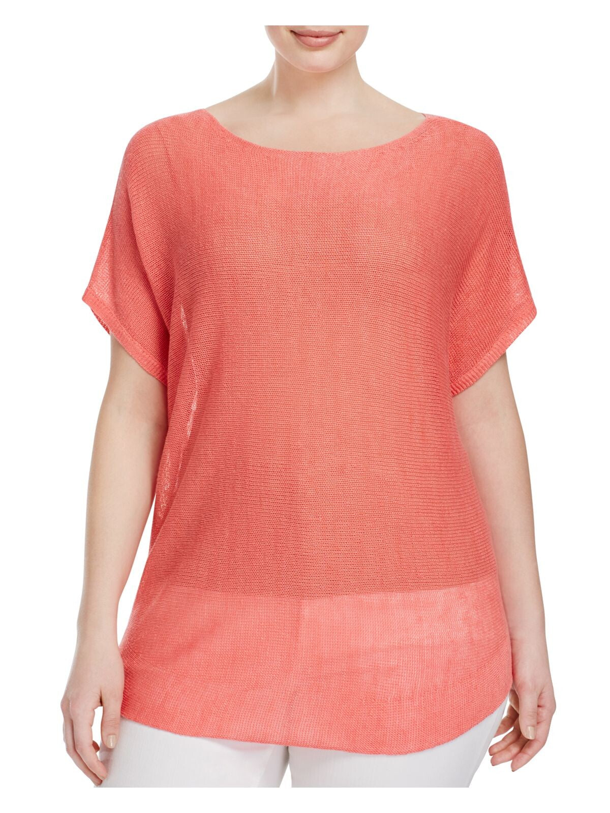 EILEEN FISHER Womens Coral Knit Ribbed Short Sleeve Boat Neck Top Plus 1X