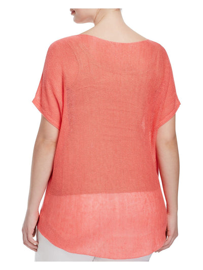 EILEEN FISHER Womens Coral Knit Ribbed Short Sleeve Boat Neck Top Plus 1X