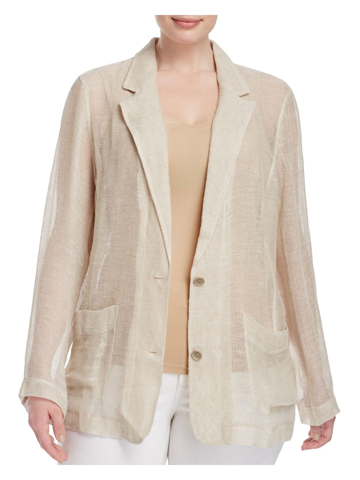 EILEEN FISHER Womens Beige Textured Pocketed Long Sleeve Button Front Sheer Blazer Jacket Plus 3X