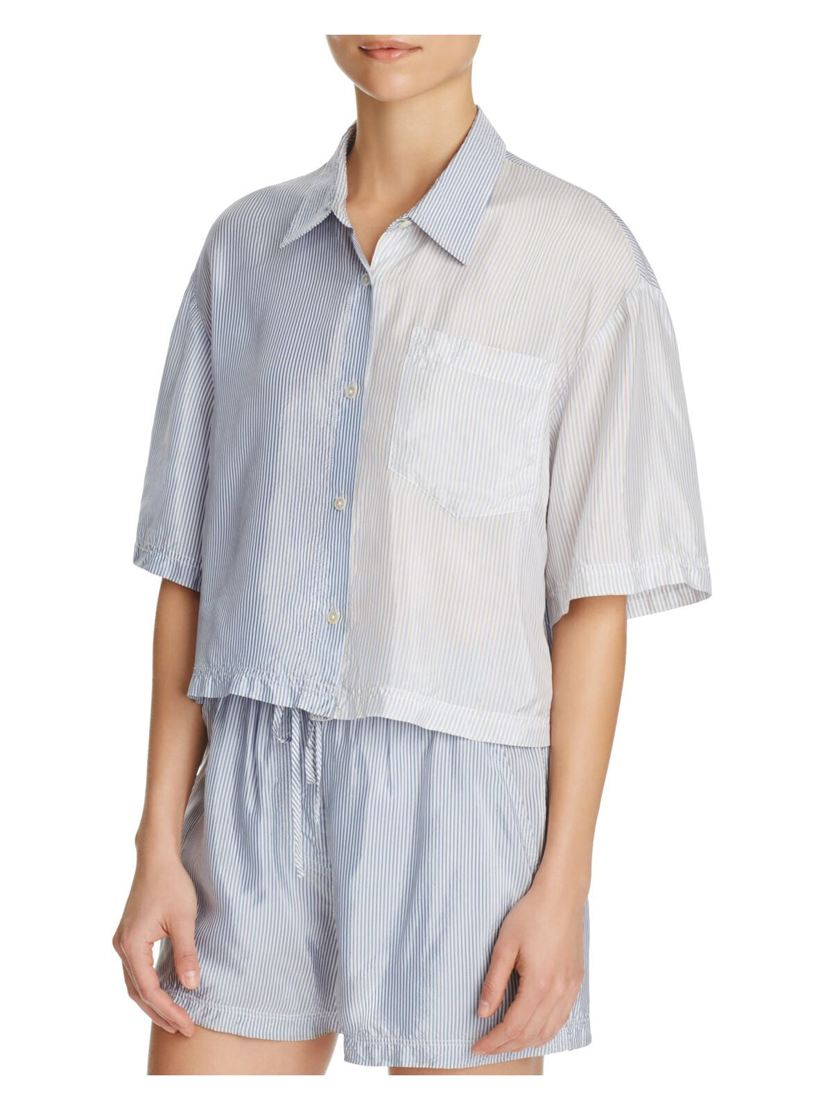 ALEXANDER WANG Womens Navy Pocketed Color Block Short Sleeve Collared Button Up Top 8