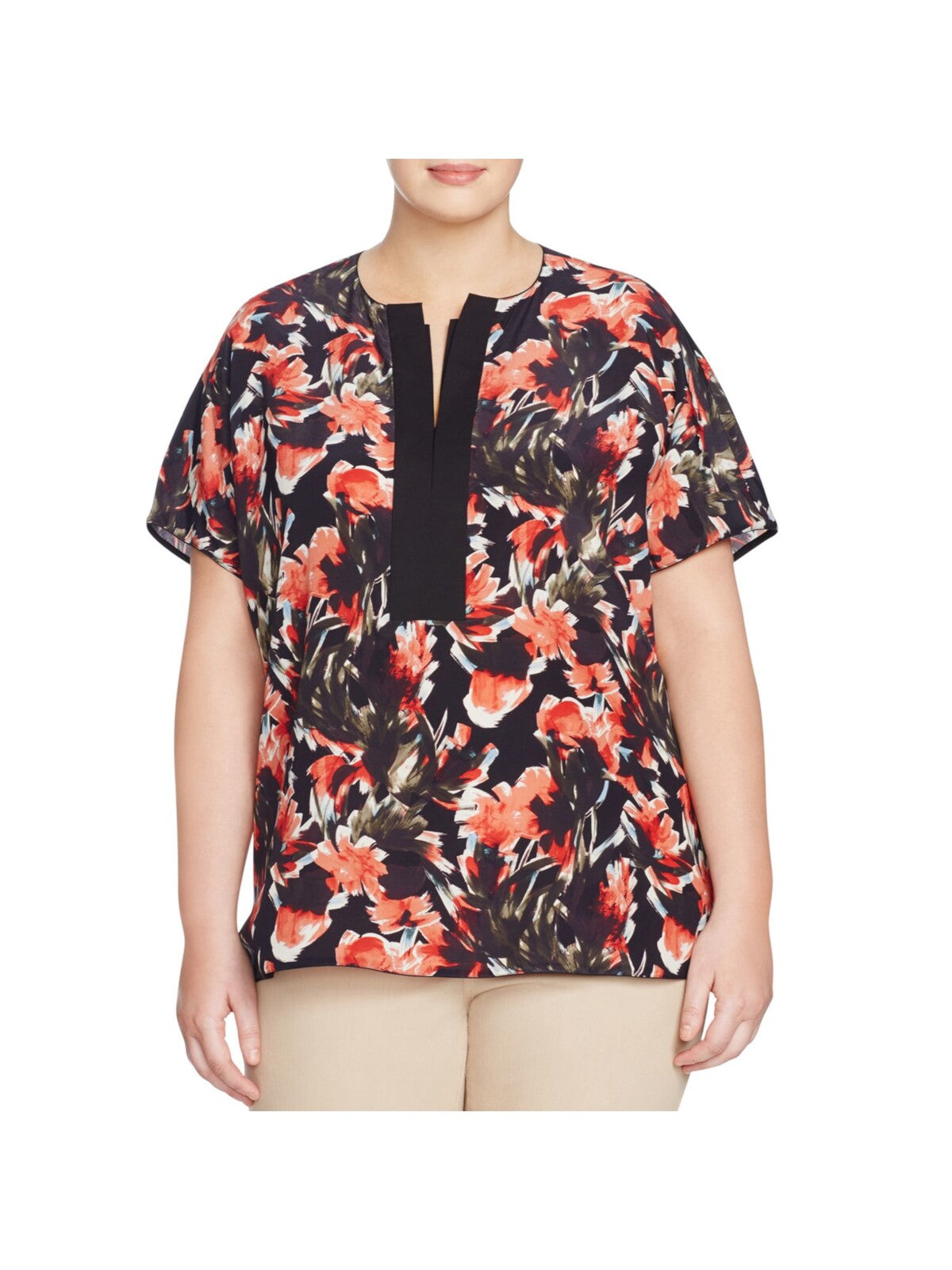 LAFAYETTE 148 Womens Black Floral Short Sleeve Top Plus 1X