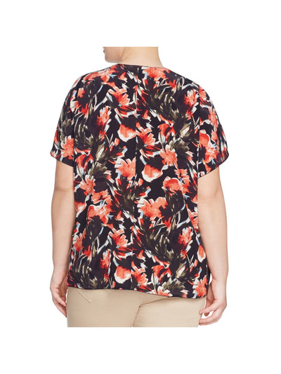 LAFAYETTE 148 Womens Black Floral Short Sleeve Top Plus 1X