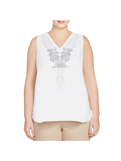 NIC+ZOE Womens White Embroidered Printed Sleeveless V Neck Wear To Work Blouse Plus 3X