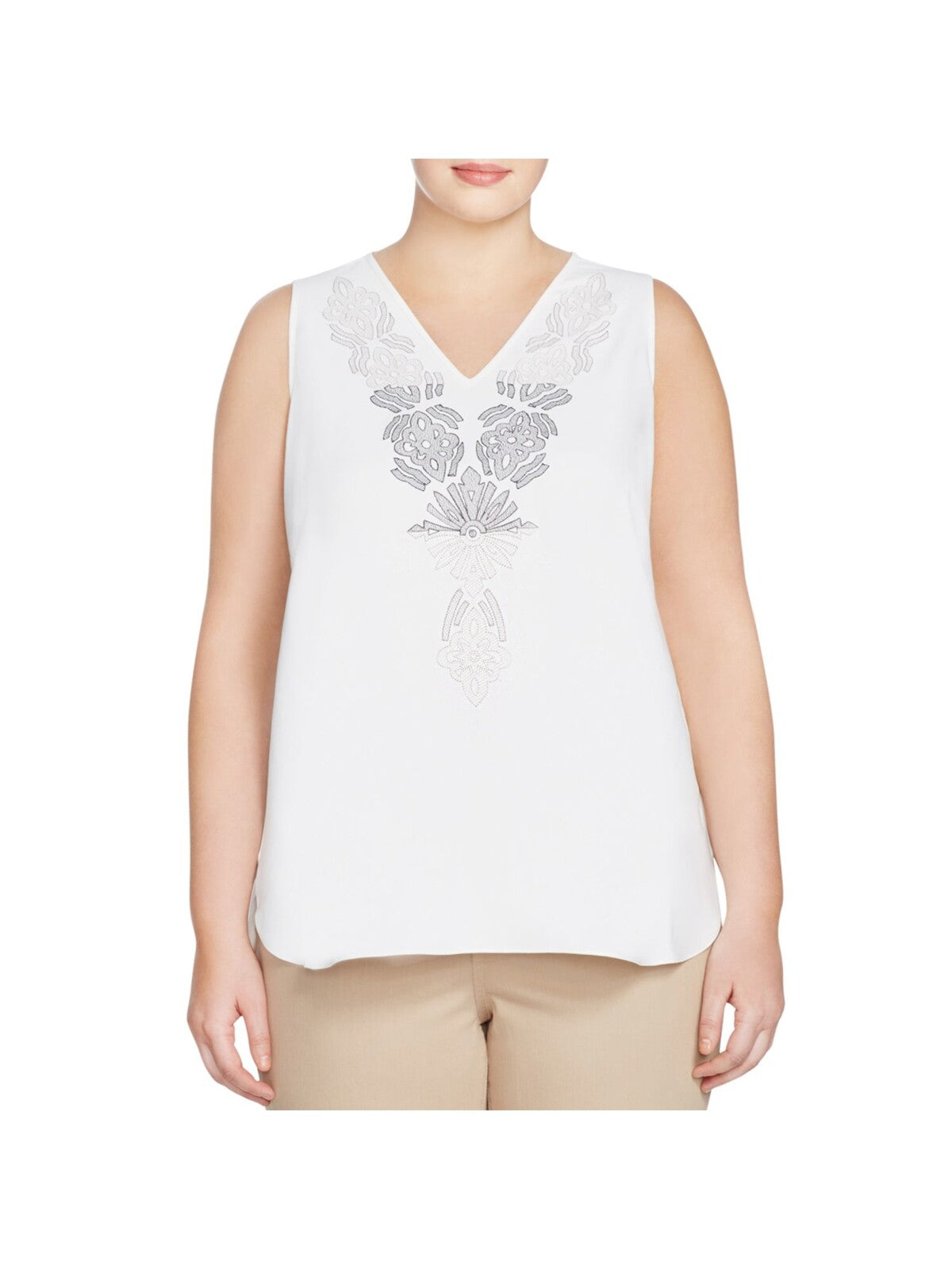 NIC+ZOE Womens Ivory Embroidered Printed Sleeveless V Neck Wear To Work Blouse Plus 1X