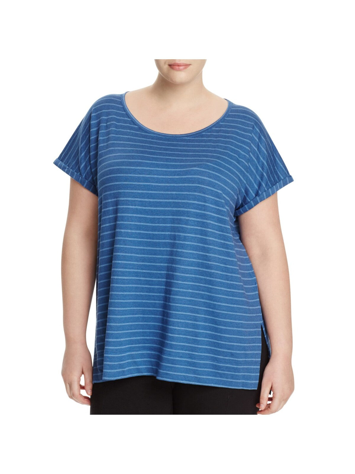 LYSSE Womens Blue Stretch Striped Short Sleeve Scoop Neck T-Shirt Plus 1X