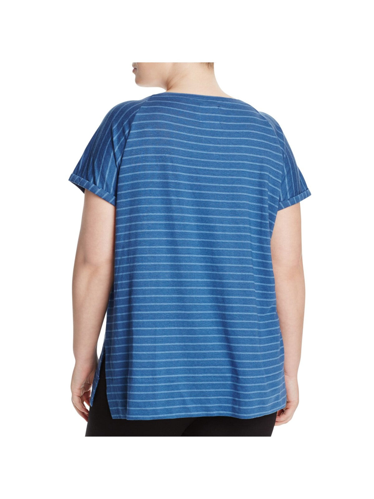 LYSSE Womens Blue Stretch Striped Short Sleeve Scoop Neck T-Shirt Plus 1X