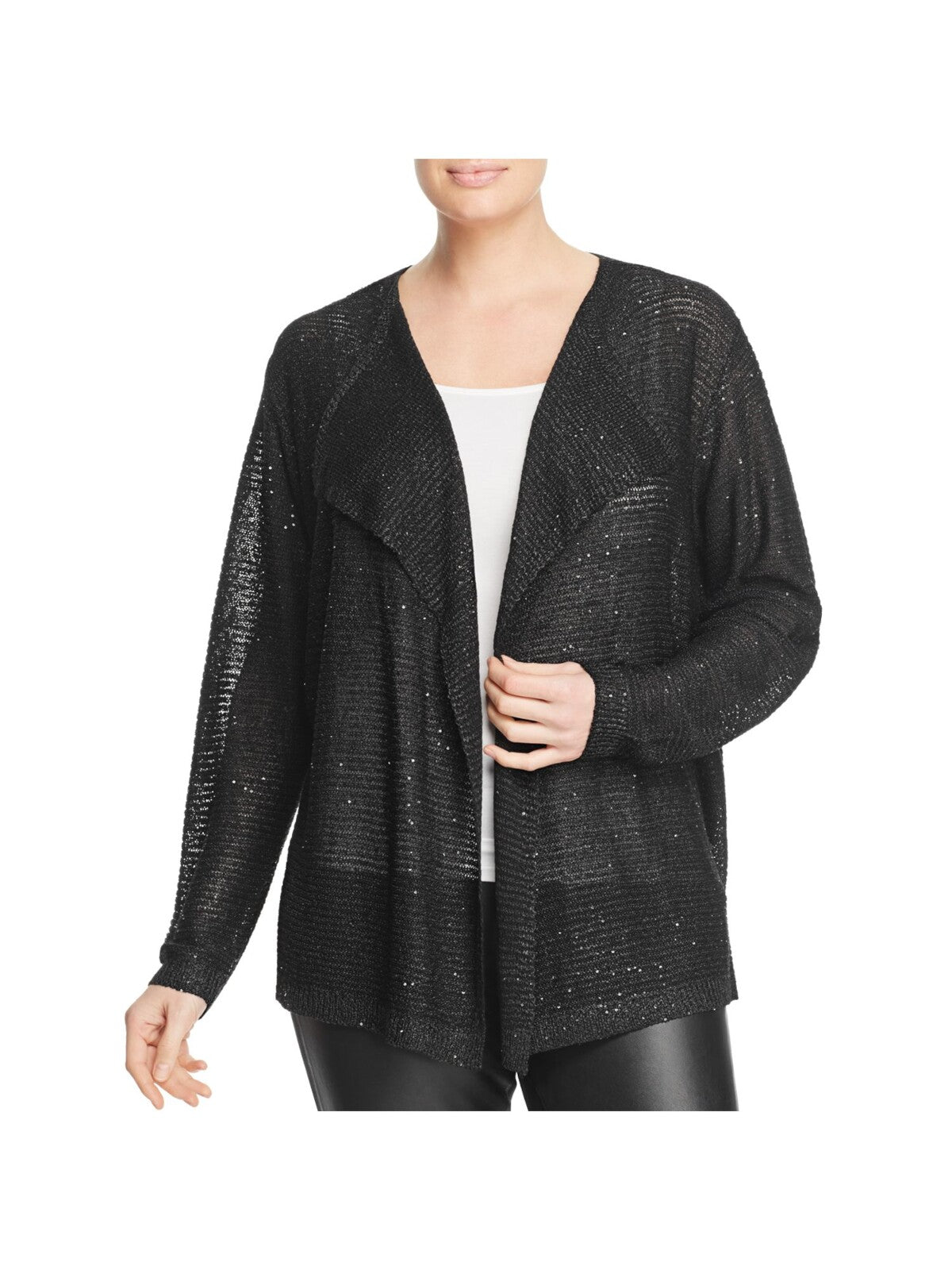 SIONI Womens Black Knit Sequined Chiffon Layered Long Sleeve Open Cardigan Party Sweater Plus 1X