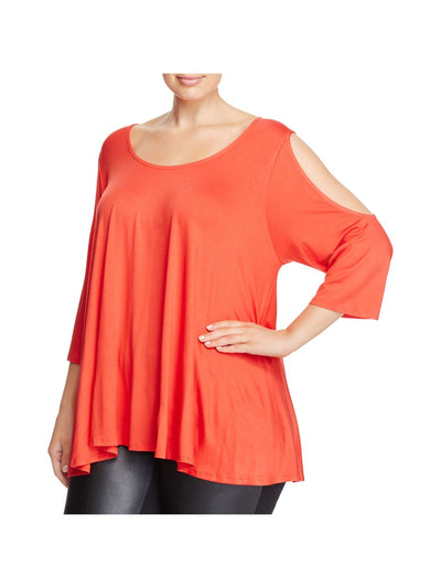 NALLY & MILLIE Womens Red Stretch Cold Shoulder 3/4 Sleeve Scoop Neck Top Plus 3X