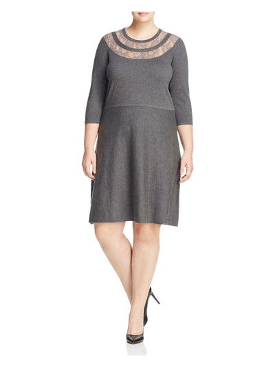 VINCE CAMUTO Womens Gray Knit Sheer Lace Yoke 3/4 Sleeve Jewel Neck Above The Knee Evening Sweater Dress Plus 2X