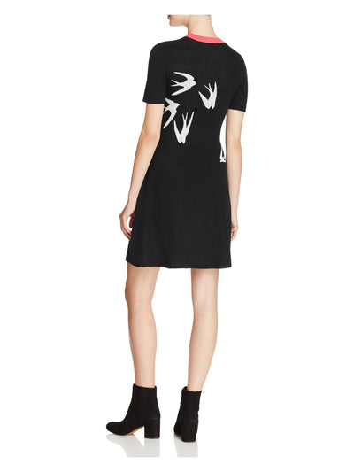MCQ Womens Black Ribbed Skater Printed Short Sleeve Crew Neck Short Evening Fit + Flare Dress S
