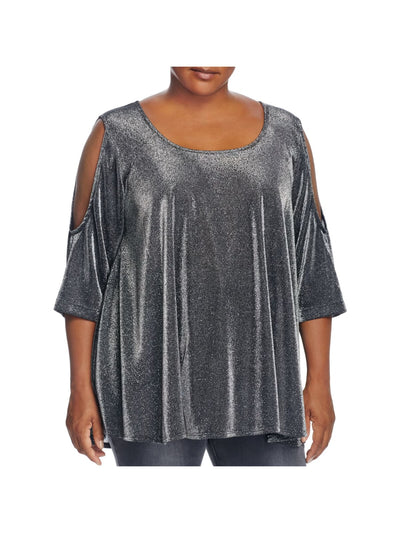 NALLY & MILLIE Womens Silver Stretch Metallic Cold Shoulder Semi-sheer 3/4 Sleeve Scoop Neck Evening Top Plus 2X