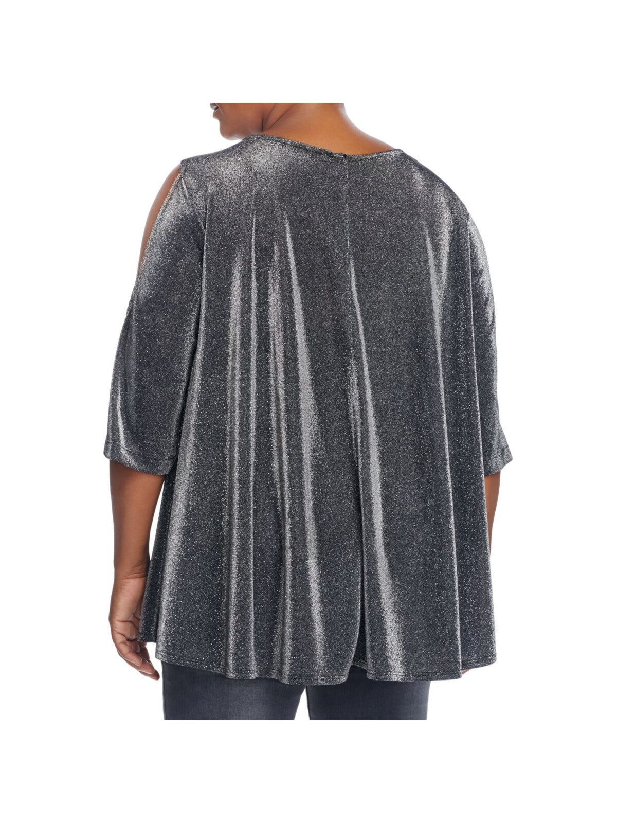 NALLY & MILLIE Womens Silver Stretch Metallic Cold Shoulder Semi-sheer 3/4 Sleeve Scoop Neck Evening Top Plus 2X