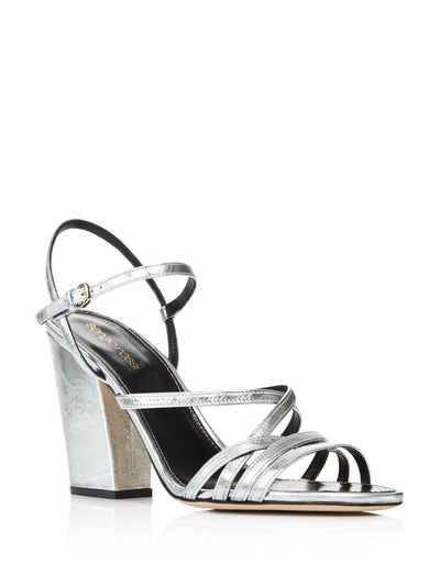 SERGIO ROSSI Womens Silver Strappy Metallic Aleck Round Toe Block Heel Buckle Leather Dress Slingback Sandal 36.5