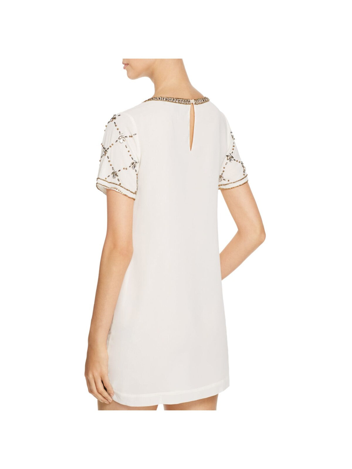 CYNTHIA STEFFE Womens Ivory Poplin Beaded Slitted Button Clasp Keyhole In Back Lin Short Sleeve Cowl Neck Above The Knee Cocktail Shift Dress 10