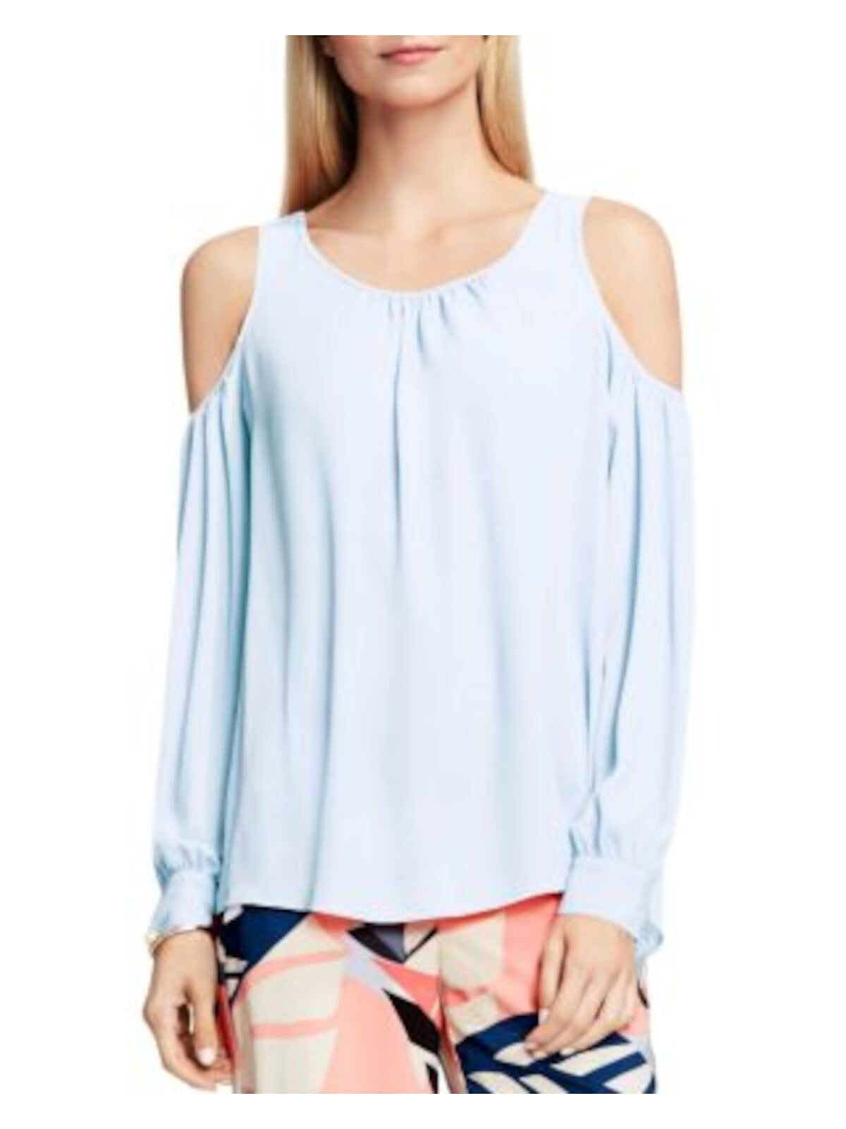 VINCE CAMUTO Womens Light Blue Cold Shoulder Keyhole Back Button Closure Cuffed Sleeve Round Neck Peasant Top M
