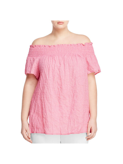 MICHAEL MICHAEL KORS Womens Pink Smocked Ruffled Crinkled Texture Check Short Sleeve Off Shoulder Top Plus 3X