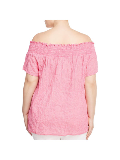 MICHAEL MICHAEL KORS Womens Pink Smocked Ruffled Crinkled Texture Check Short Sleeve Off Shoulder Top Plus 3X