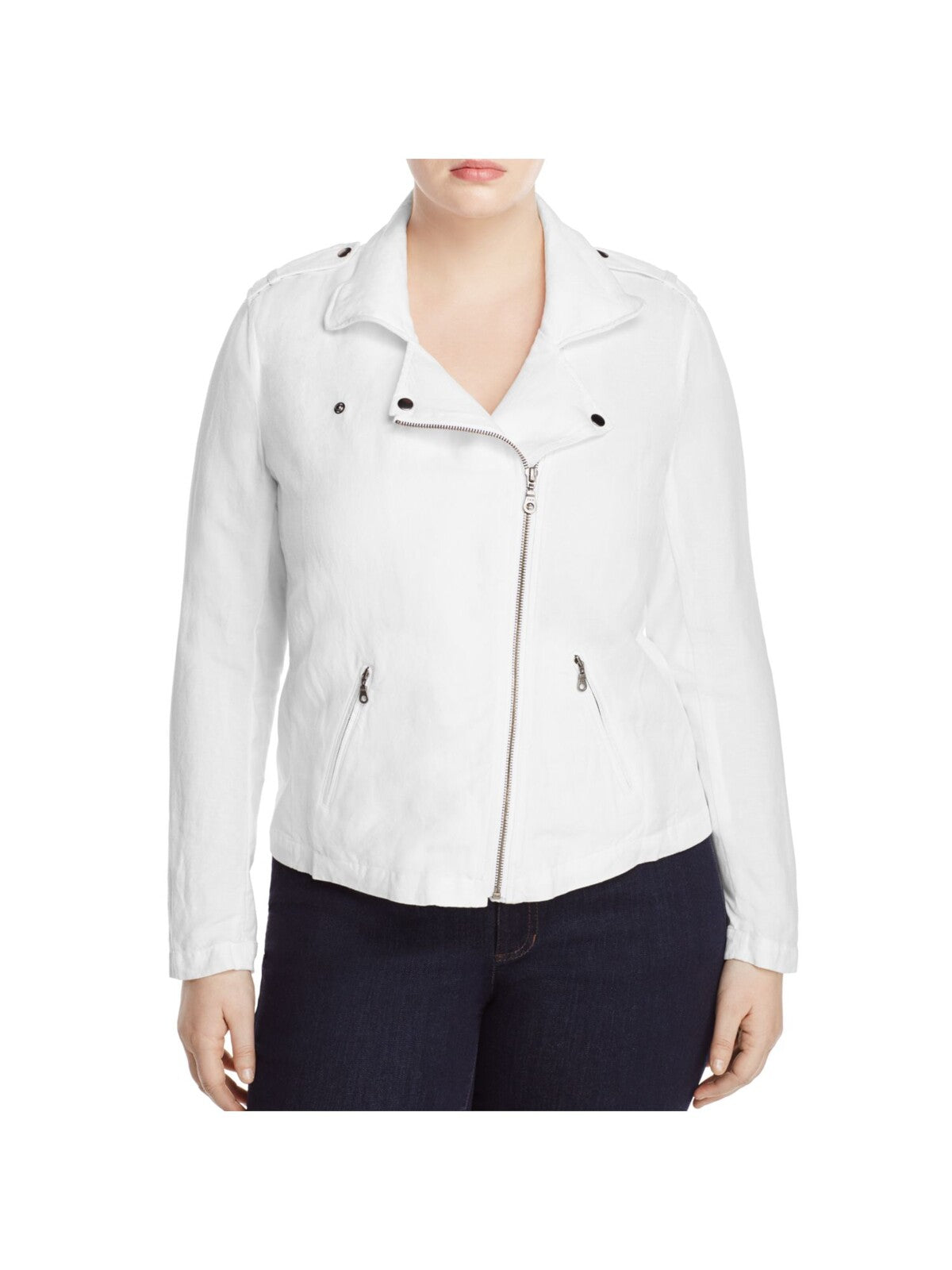 NIC+ZOE Womens White Zippered Pocketed Asymmetrical Front-zip Closure Motorcycle Jacket Plus 2X
